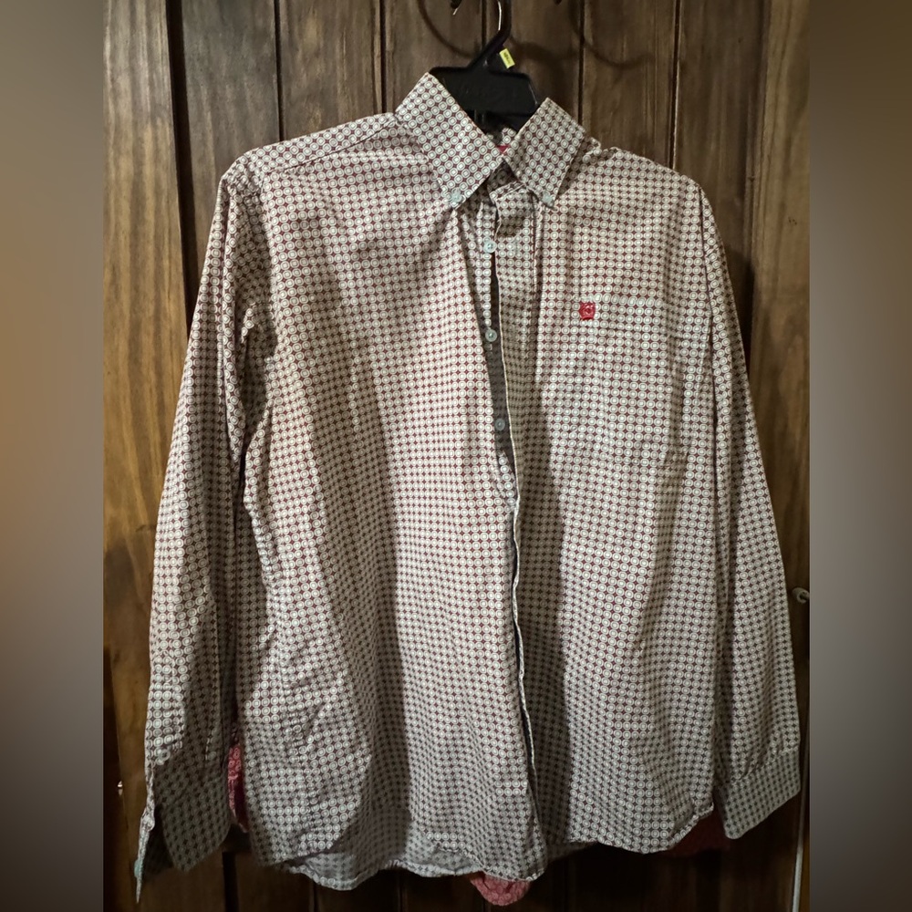 CINCH Mens Red Geometric Print Long Sleeve Button Down Shirt Small